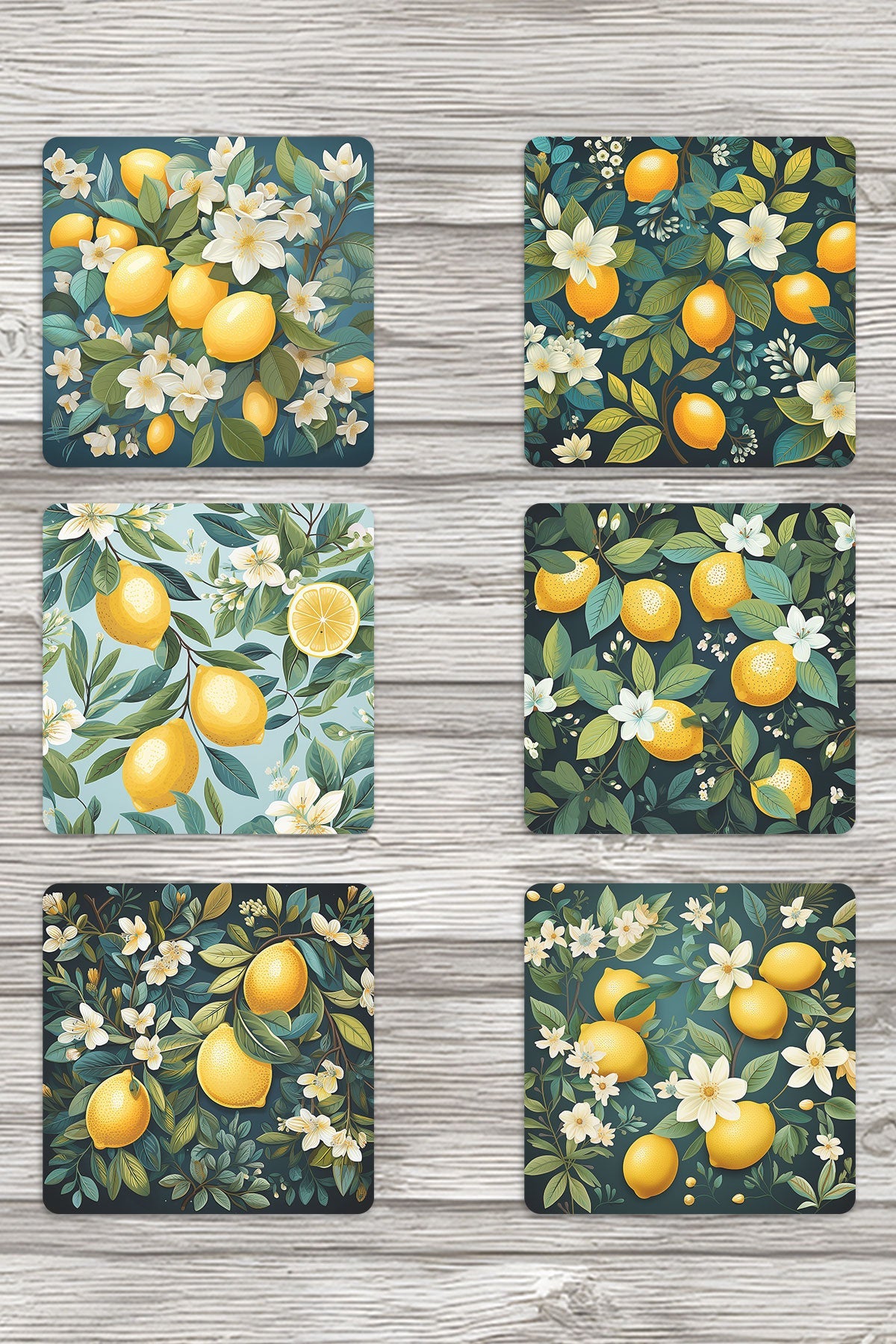 Limon Desenli No:3 Baskılı 6'lı Set Dekoratif Ahşap Kare Bardak Altlığı