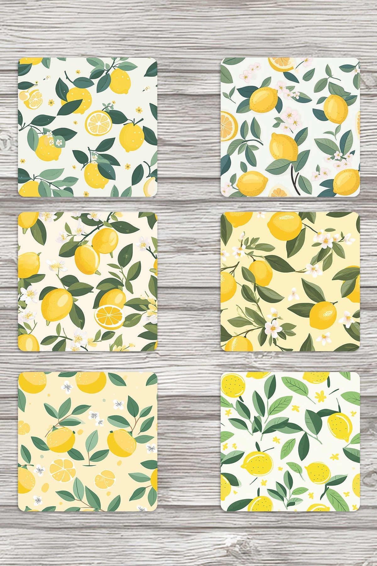 Limon Desenli No:5 Baskılı 6'lı Set Dekoratif Ahşap Kare Bardak Altlığı