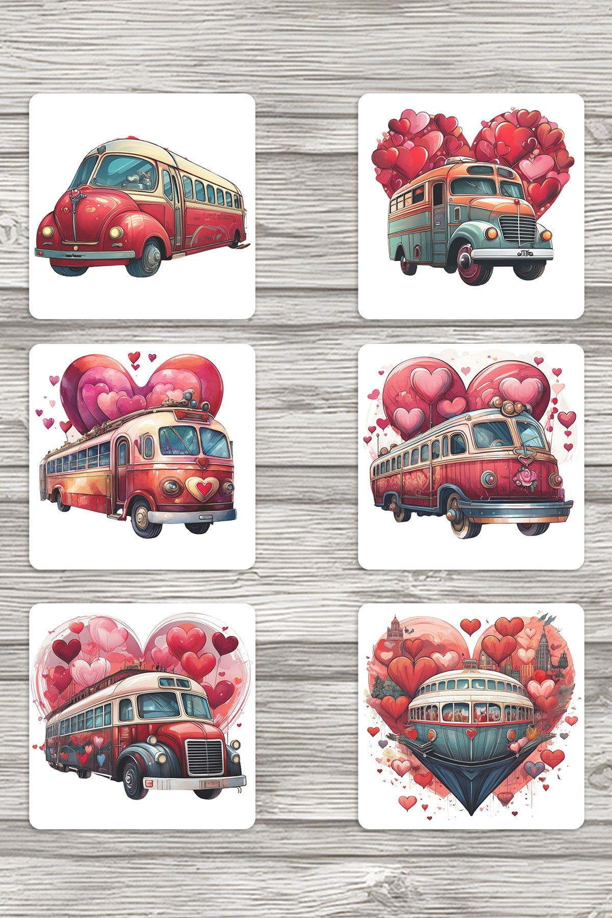 Vintage Araçlar Baskılı 6'lı Set Dekoratif Ahşap Kare Bardak Altlığı