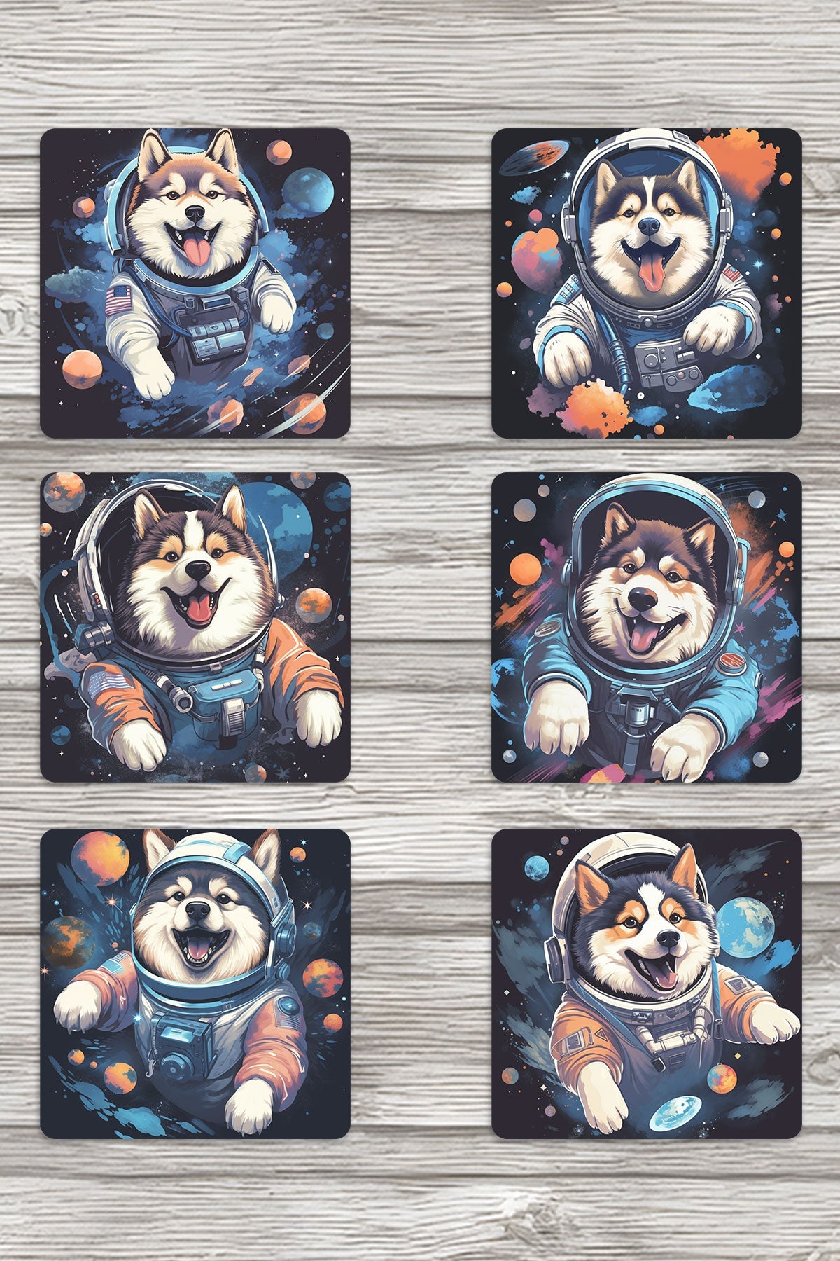 Sevimli Astronot Köpekler No:1 Baskılı 6'lı Set Dekoratif Ahşap Kare Bardak Altlığı