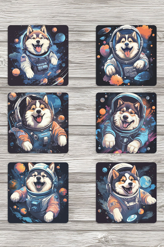 Sevimli Astronot Köpekler No:1 Baskılı 6'lı Set Dekoratif Ahşap Kare Bardak Altlığı