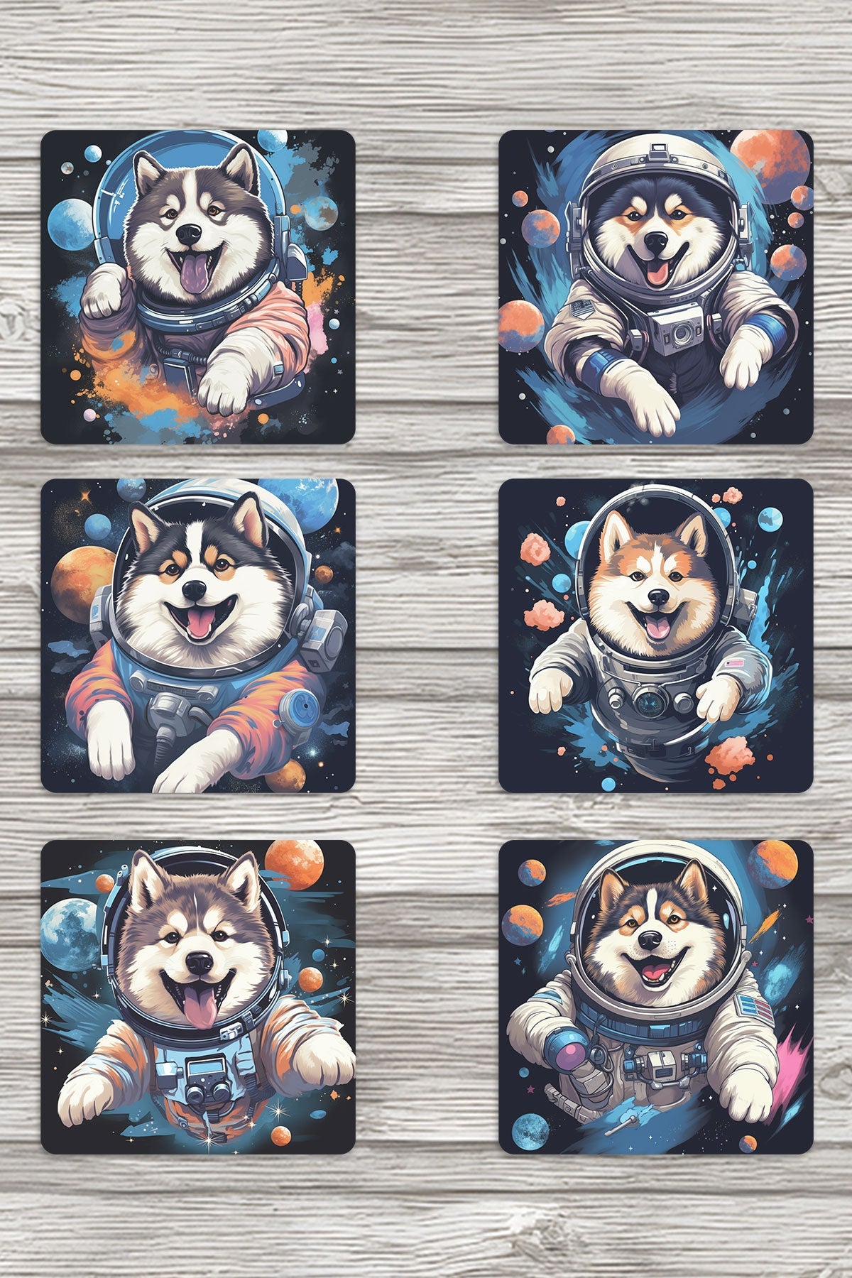 Sevimli Astronot Köpekler No:2 Baskılı 6'lı Set Dekoratif Ahşap Kare Bardak Altlığı