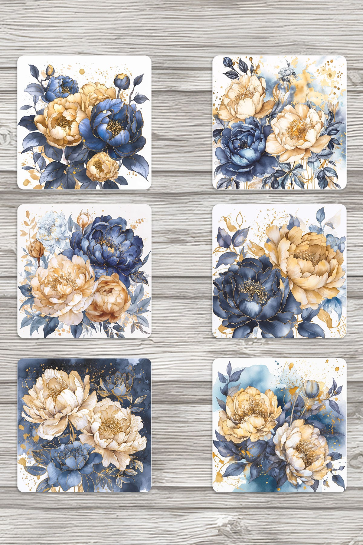 Doğa Temalı Yaz Çiçekleri Baskılı 6'lı Set Dekoratif Ahşap Kare Bardak Altlığı