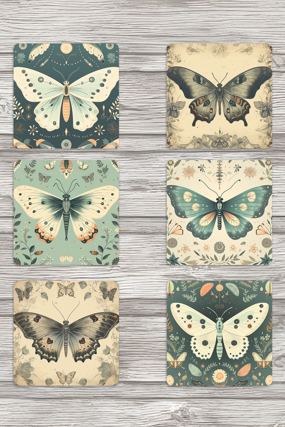 Vintage Mistik Temalı Baskılı 6'lı Set Dekoratif Ahşap Kare Bardak Altlığı