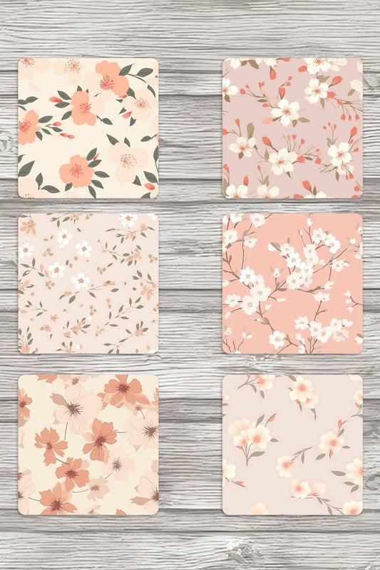 Minimal Çiçekler No:1 Baskılı 6'lı Set Dekoratif Ahşap Kare Bardak Altlığı