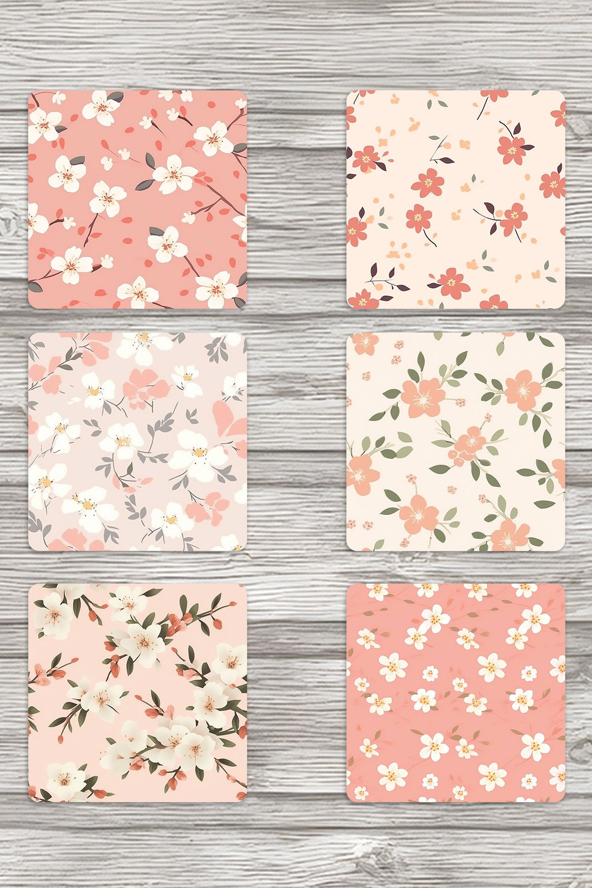 Minimal Çiçekler No:2 Baskılı 6'lı Set Dekoratif Ahşap Kare Bardak Altlığı