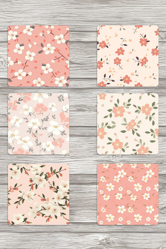 Minimal Çiçekler No:2 Baskılı 6'lı Set Dekoratif Ahşap Kare Bardak Altlığı