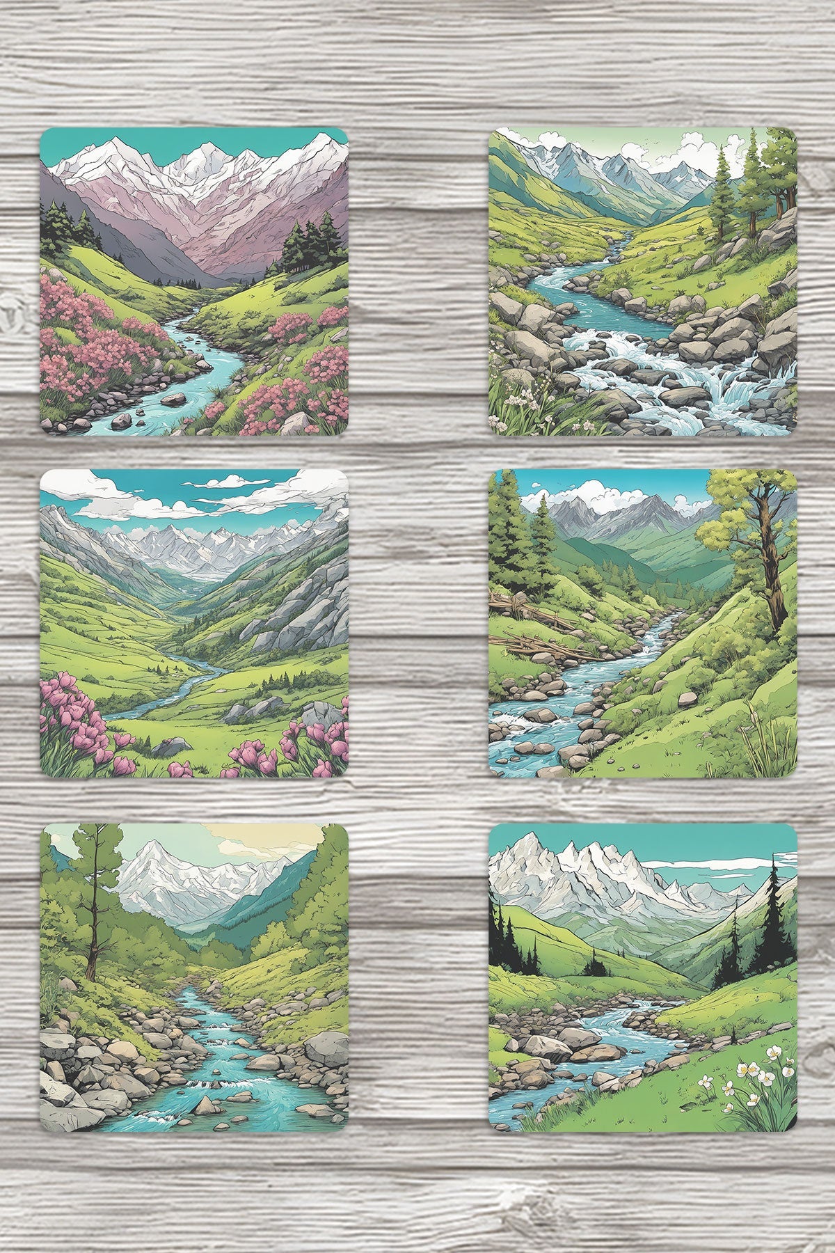 Doğal Yaşam Manzara No:1 Baskılı 6'lı Set Dekoratif Ahşap Kare Bardak Altlığı