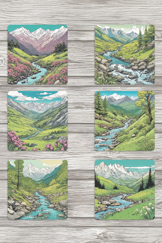 Doğal Yaşam Manzara No:1 Baskılı 6'lı Set Dekoratif Ahşap Kare Bardak Altlığı