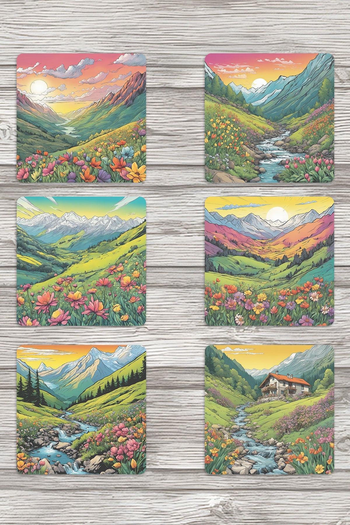 Doğal Yaşam Manzara No:2 Baskılı 6'lı Set Dekoratif Ahşap Kare Bardak Altlığı