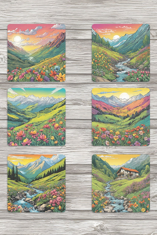 Doğal Yaşam Manzara No:2 Baskılı 6'lı Set Dekoratif Ahşap Kare Bardak Altlığı