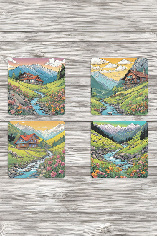 Doğal Yaşam Manzara No:3 Baskılı 4'lü Set Dekoratif Ahşap Kare Bardak Altlığı