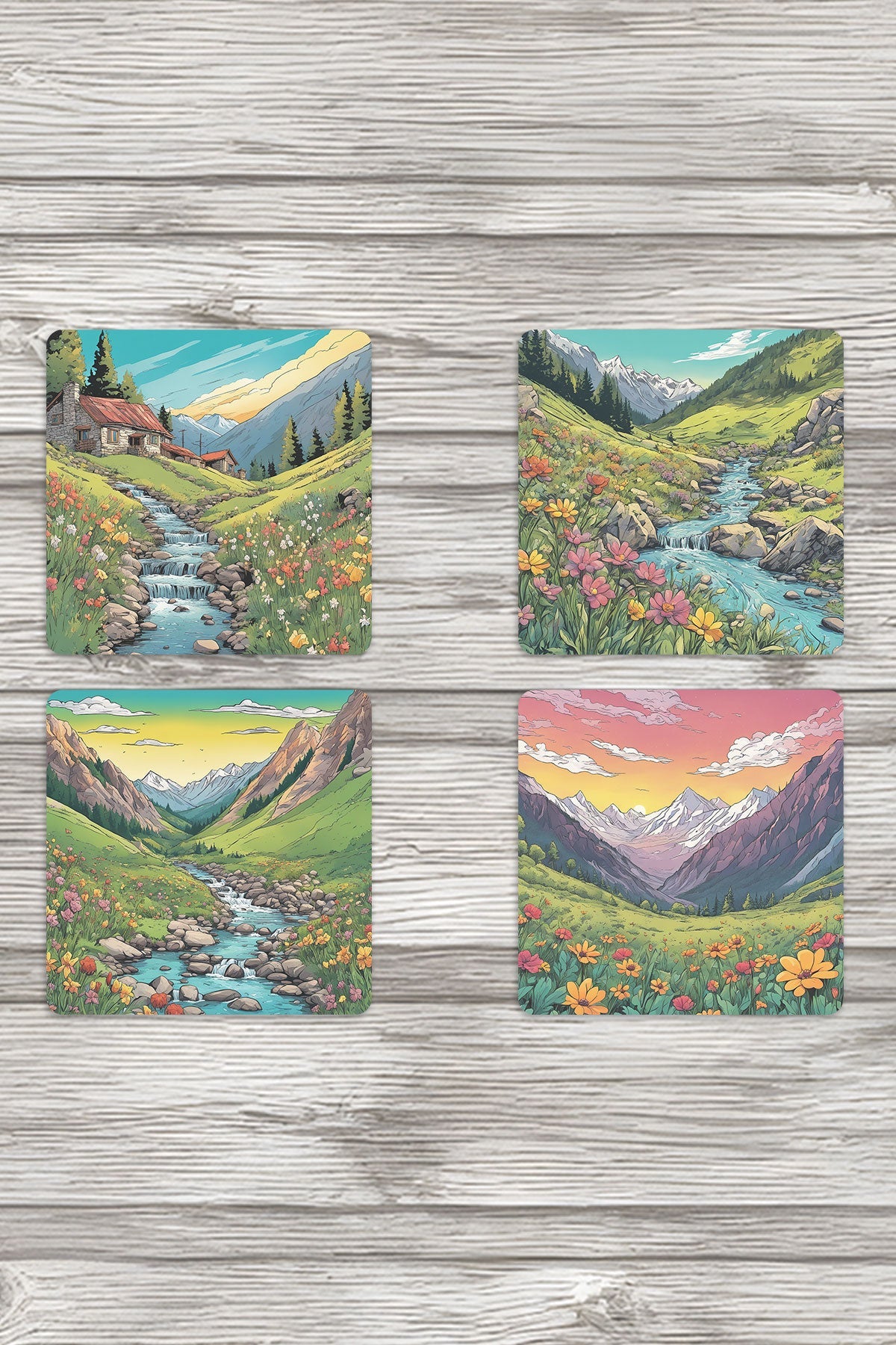 Doğal Yaşam Manzara No:4 Baskılı 4'lü Set Dekoratif Ahşap Kare Bardak Altlığı