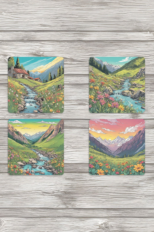 Doğal Yaşam Manzara No:4 Baskılı 4'lü Set Dekoratif Ahşap Kare Bardak Altlığı