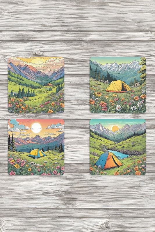 Doğal Yaşam Manzara No:5 Baskılı 4'lü Set Dekoratif Ahşap Kare Bardak Altlığı