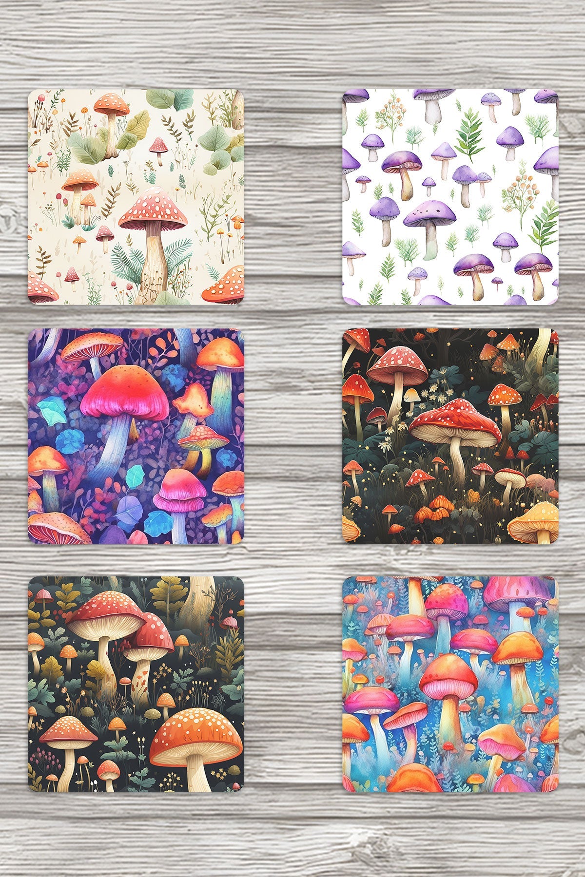 Renkli Mantarlar No:1 Baskılı 6'lı Set Dekoratif Ahşap Kare Bardak Altlığı