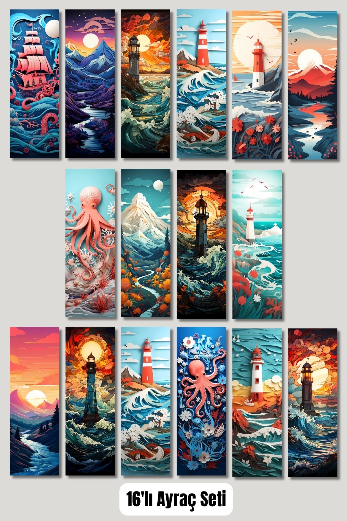 Deniz Feneri Doğa Manzara Tasarım Hediyelik 16'lı Kitap Ayracı Seti