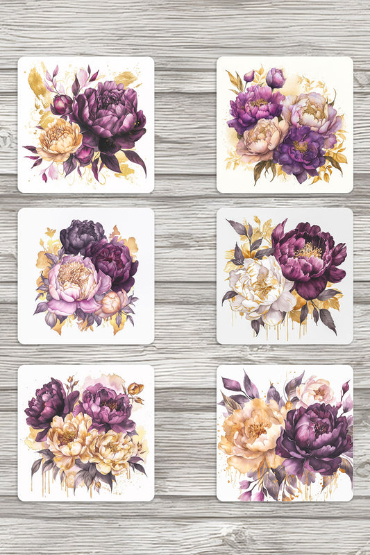 Doğa Temalı Renli Çiçekler Baskılı 6'lı Set Dekoratif Ahşap Kare Bardak Altlığı