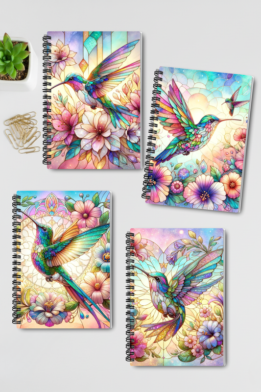 Sevimli Minik Kuş Vitray Görünümlü Tasarım Tel Spiralli 4'lü Günlük Ajanda Okul Defter Seti