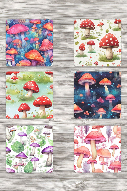 Renkli Mantarlar No:2 Baskılı 6'lı Set Dekoratif Ahşap Kare Bardak Altlığı