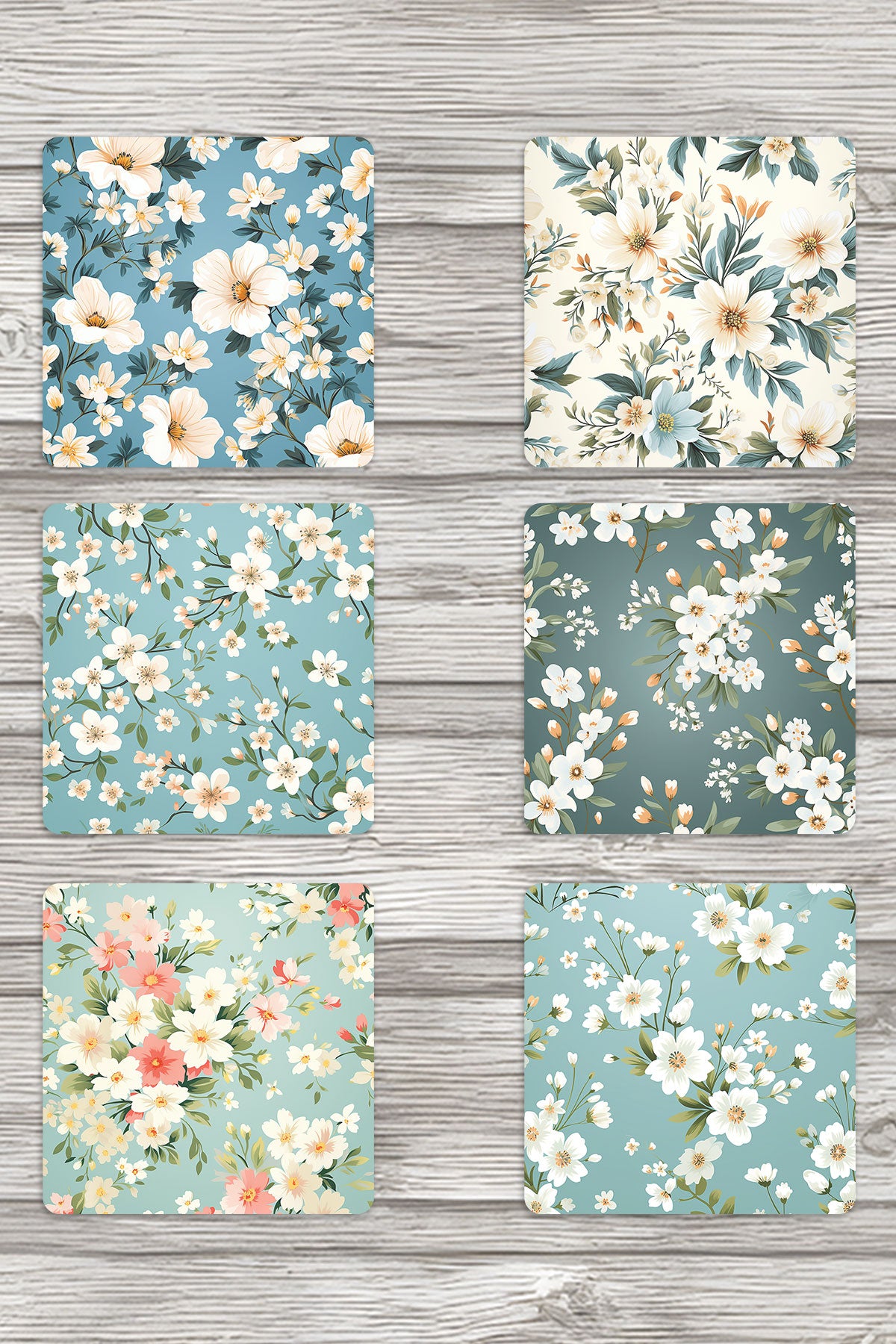 Nostalji Çiçekler No:1 Baskılı 6'lı Set Dekoratif Ahşap Kare Bardak Altlığı