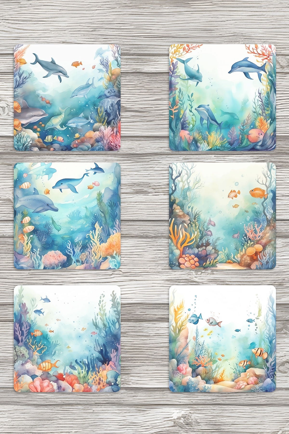 Okyanus Temalı Baskılı 6'lı Set Dekoratif Ahşap Kare Bardak Altlığı
