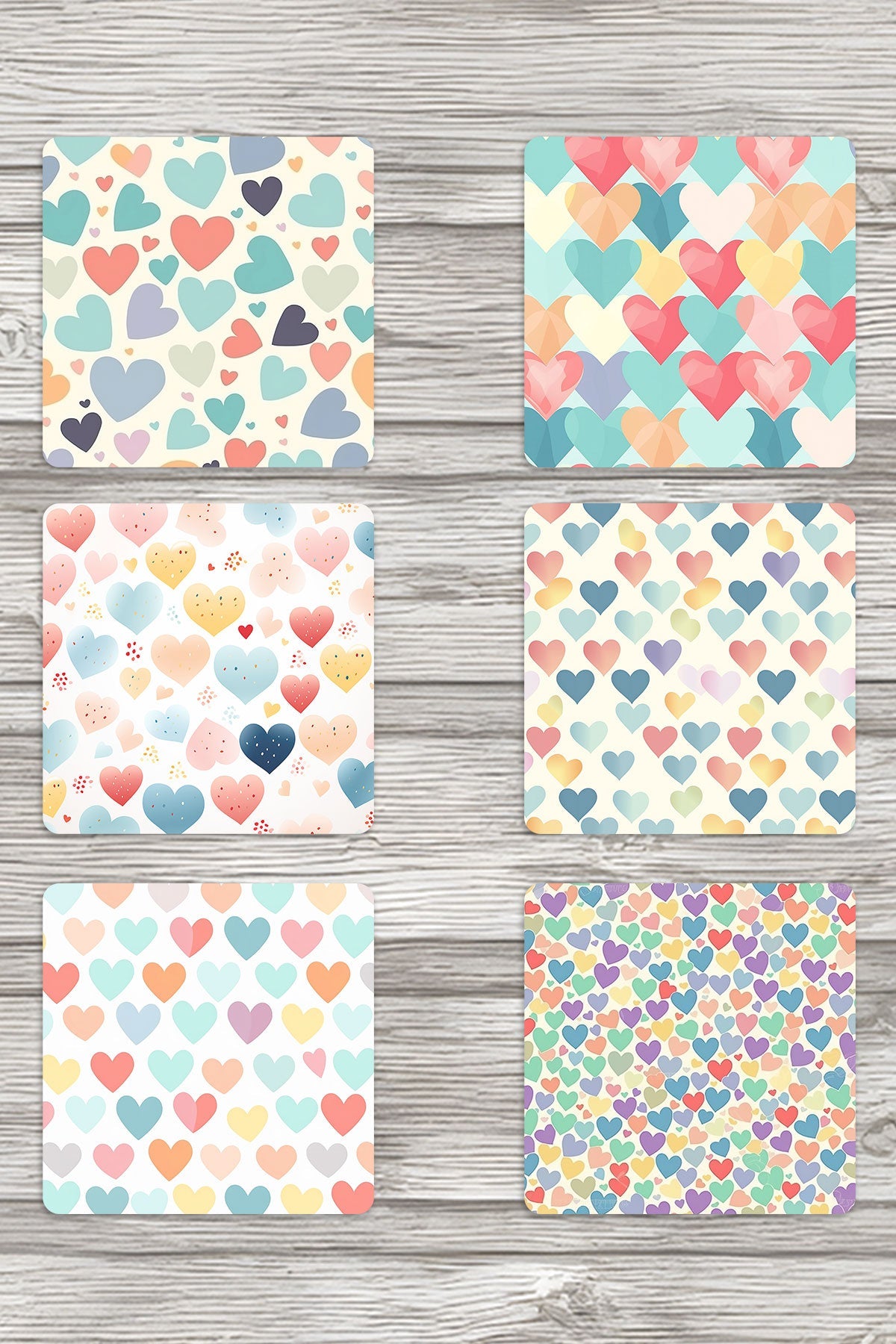 Pastel Kalpler No:2 Baskılı 6'lı Set Dekoratif Ahşap Kare Bardak Altlığı