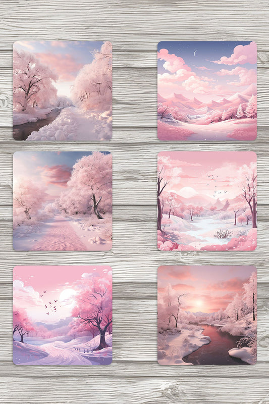 Pembe Kış Ağaçları No:1 Baskılı 6'lı Set Dekoratif Ahşap Kare Bardak Altlığı