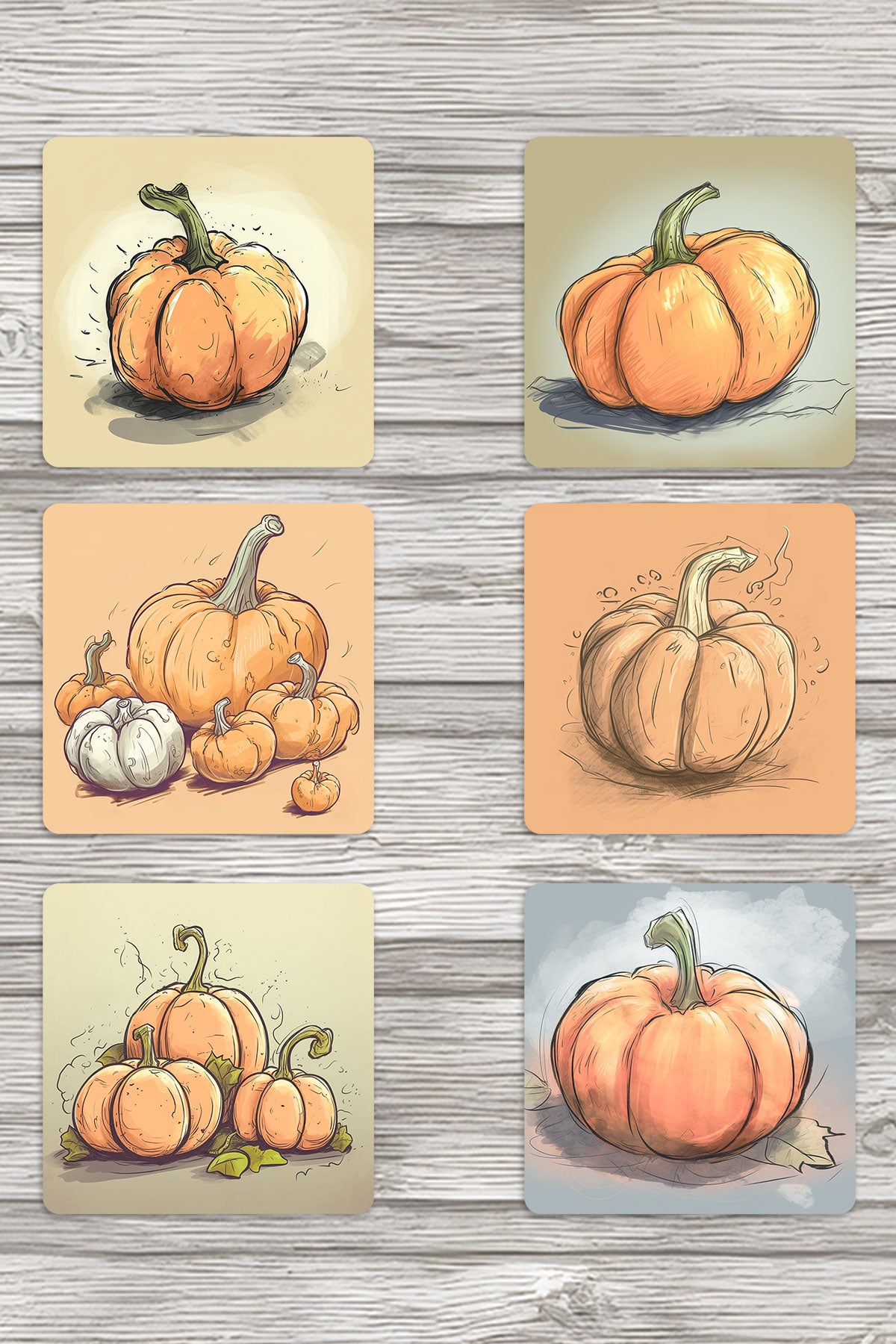 Balkabağı Çizimleri No:1 Baskılı 6'lı Set Dekoratif Ahşap Kare Bardak Altlığı