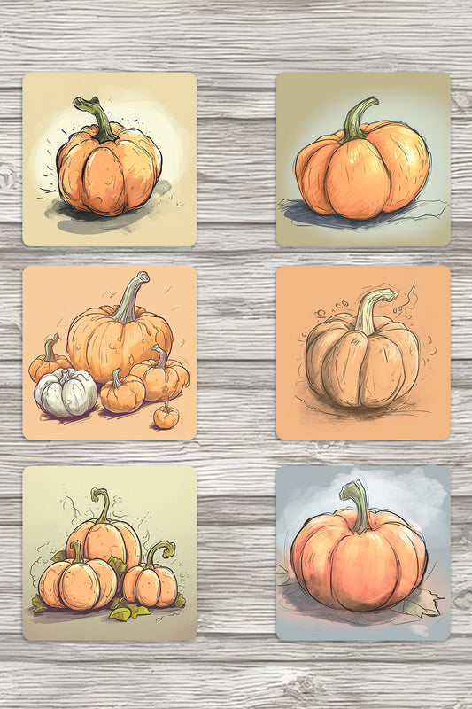 Balkabağı Çizimleri No:1 Baskılı 6'lı Set Dekoratif Ahşap Kare Bardak Altlığı