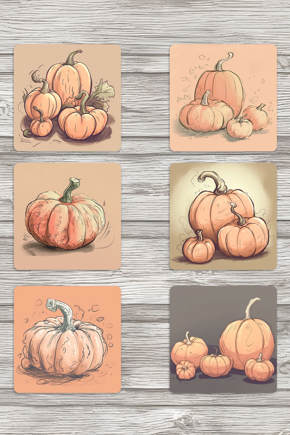 Balkabağı Çizimleri No:2 Baskılı 6'lı Set Dekoratif Ahşap Kare Bardak Altlığı