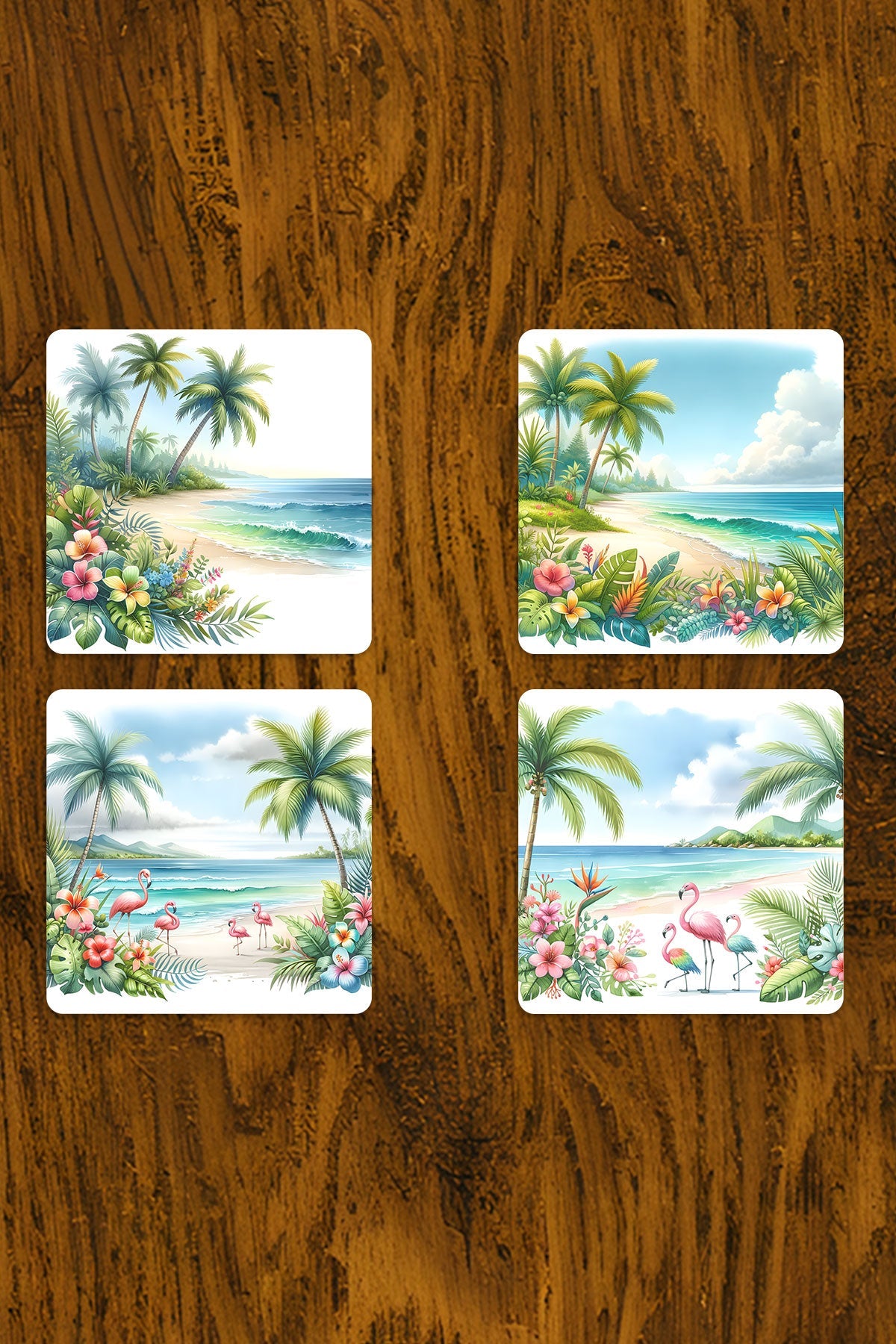 Tropikal Sahil Baskılı 4'lü Set Dekoratif Ahşap Kare Bardak Altlığı