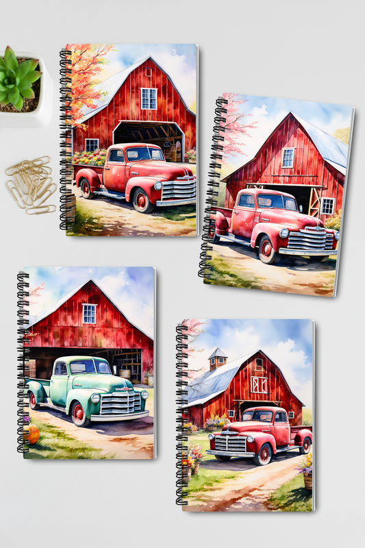 Vintage Araba Çiftlik Tasarım Tel Spiralli 4'lü Hatıra Günlük Ajanda Anı Okul Defter Seti