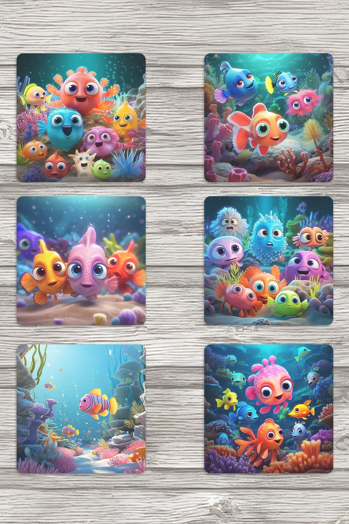 Sevimli Okyanus Balıkları No:4 Baskılı 6'lı Set Dekoratif Ahşap Kare Bardak Altlığı