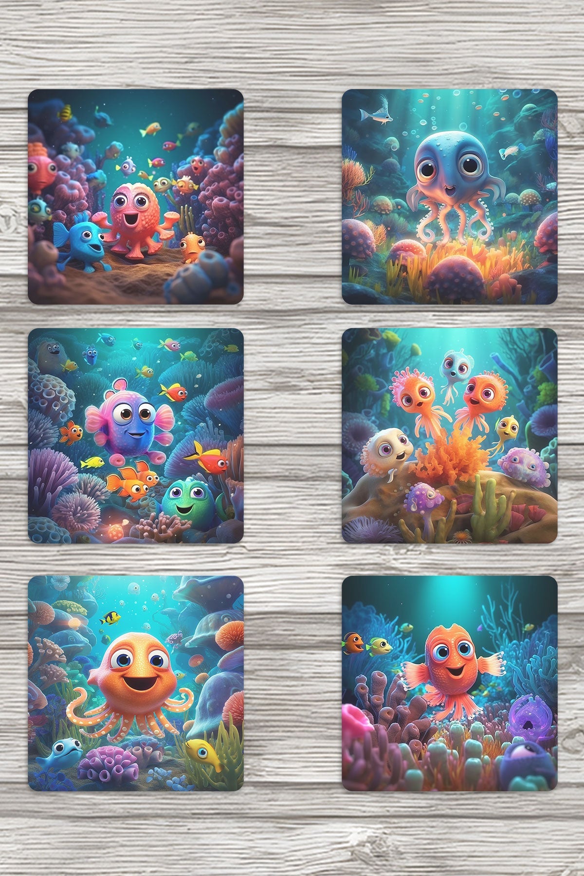 Sevimli Okyanus Balıkları No:5 Baskılı 6'lı Set Dekoratif Ahşap Kare Bardak Altlığı