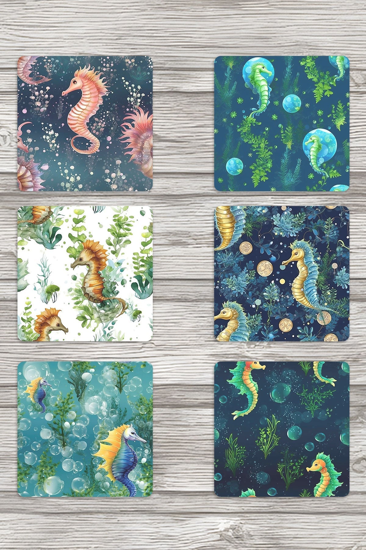 Denizatı Okyanus Temalı No:2 Baskılı 6'lı Set Dekoratif Ahşap Kare Bardak Altlığı