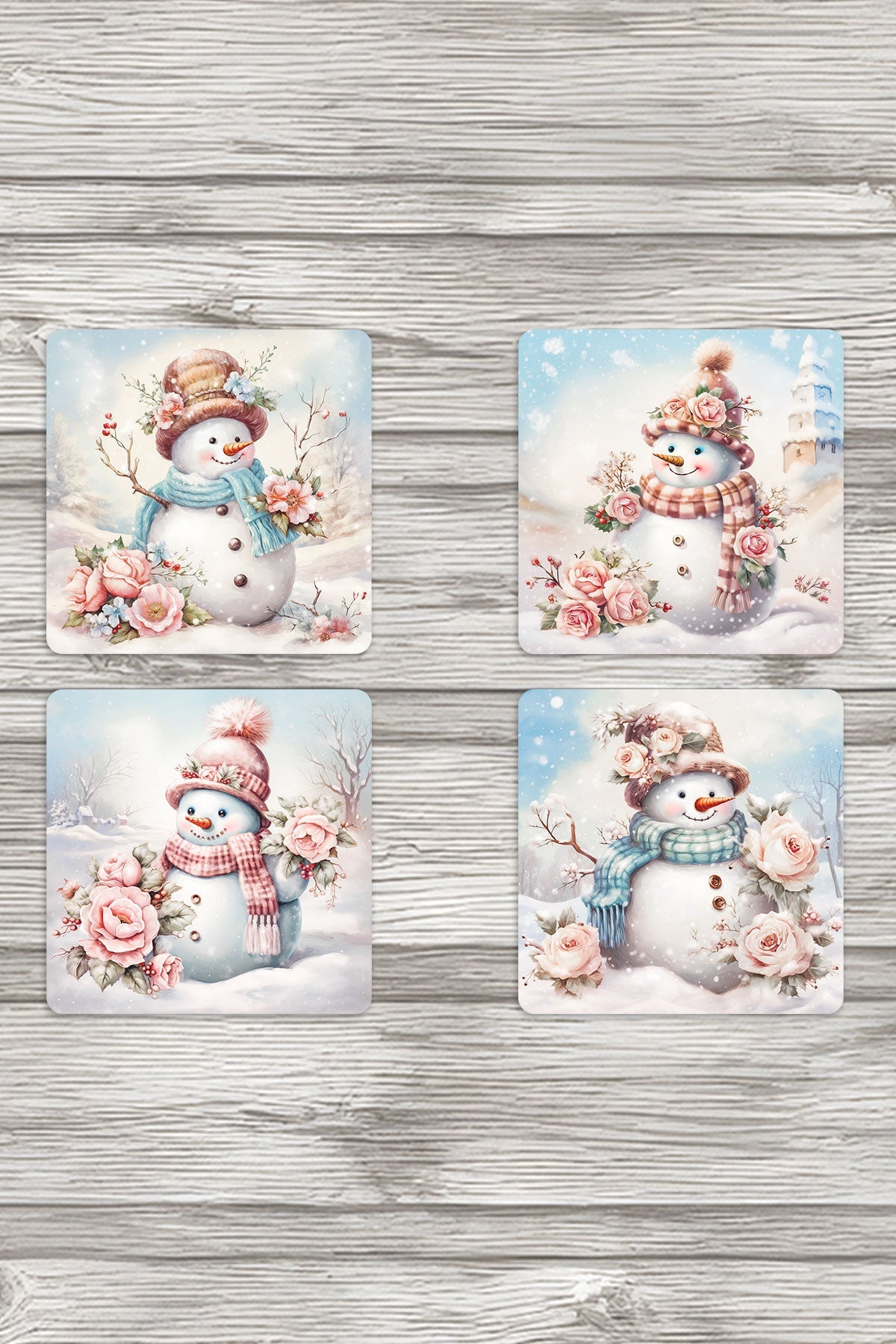 Sevimli Kardan Adamlar No:1 Baskılı 4'lü Set Dekoratif Ahşap Kare Bardak Altlığı