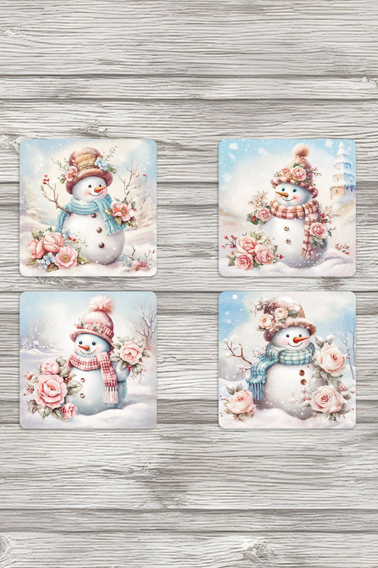 Sevimli Kardan Adamlar No:1 Baskılı 4'lü Set Dekoratif Ahşap Kare Bardak Altlığı