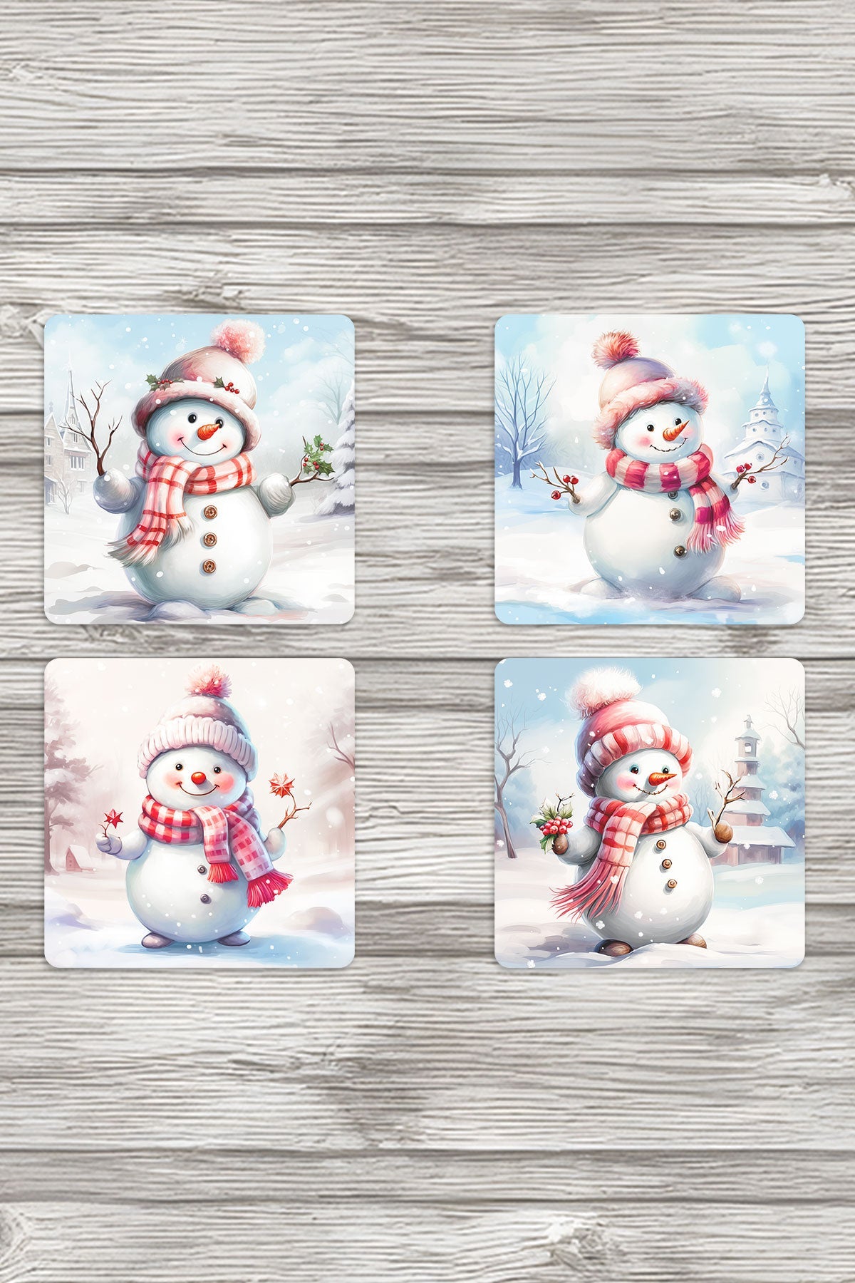 Sevimli Kardan Adamlar No:2 Baskılı 4'lü Set Dekoratif Ahşap Kare Bardak Altlığı