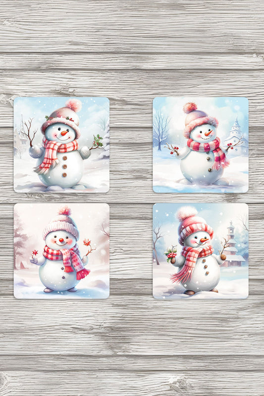 Sevimli Kardan Adamlar No:2 Baskılı 4'lü Set Dekoratif Ahşap Kare Bardak Altlığı