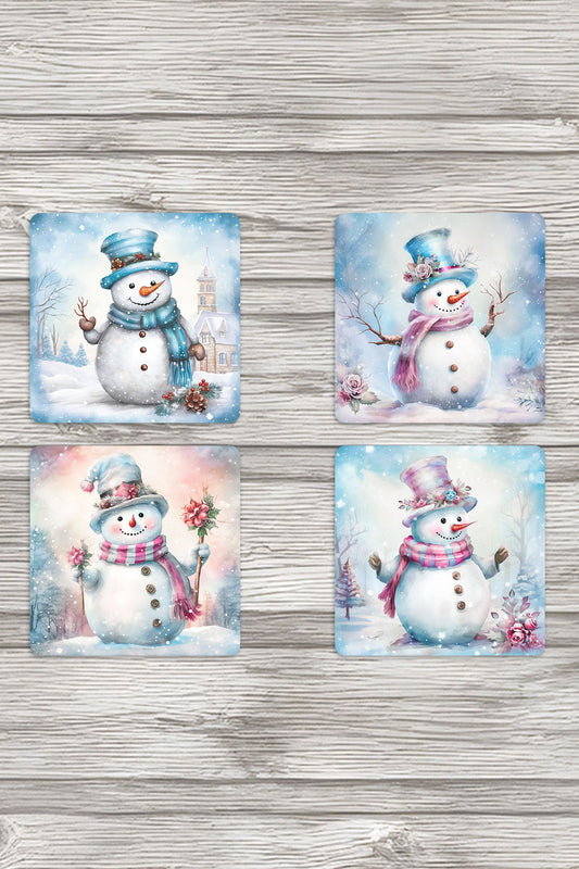 Sevimli Kardan Adamlar No:3 Baskılı 4'lü Set Dekoratif Ahşap Kare Bardak Altlığı