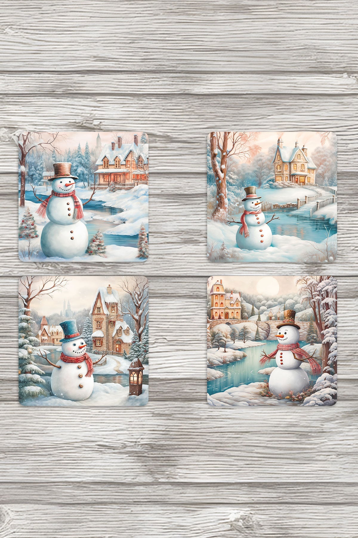 Sevimli Kardan Adamlar No:4 Baskılı 4'lü Set Dekoratif Ahşap Kare Bardak Altlığı