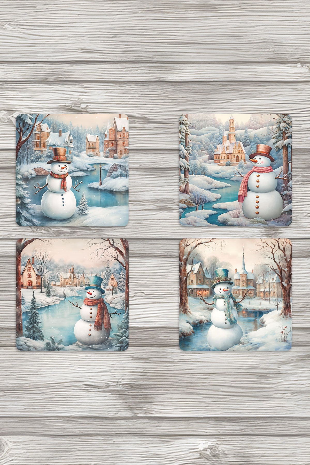 Sevimli Kardan Adamlar No:5 Baskılı 4'lü Set Dekoratif Ahşap Kare Bardak Altlığı