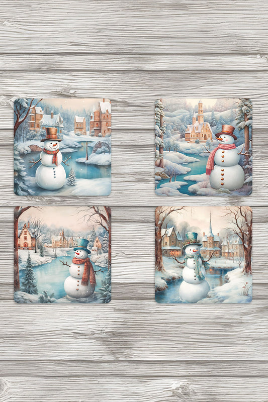 Sevimli Kardan Adamlar No:5 Baskılı 4'lü Set Dekoratif Ahşap Kare Bardak Altlığı