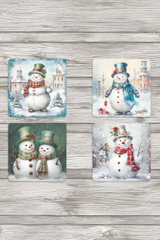 Sevimli Kardan Adamlar No:6 Baskılı 4'lü Set Dekoratif Ahşap Kare Bardak Altlığı