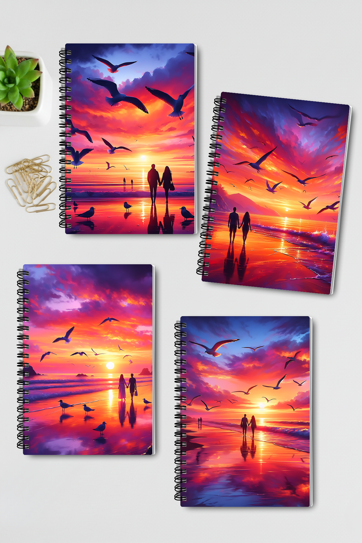 Deniz Günbatımı Sunset Tasarım Tel Spiralli 4'lü Hatıra Günlük Ajanda Anı Okul Defter Seti