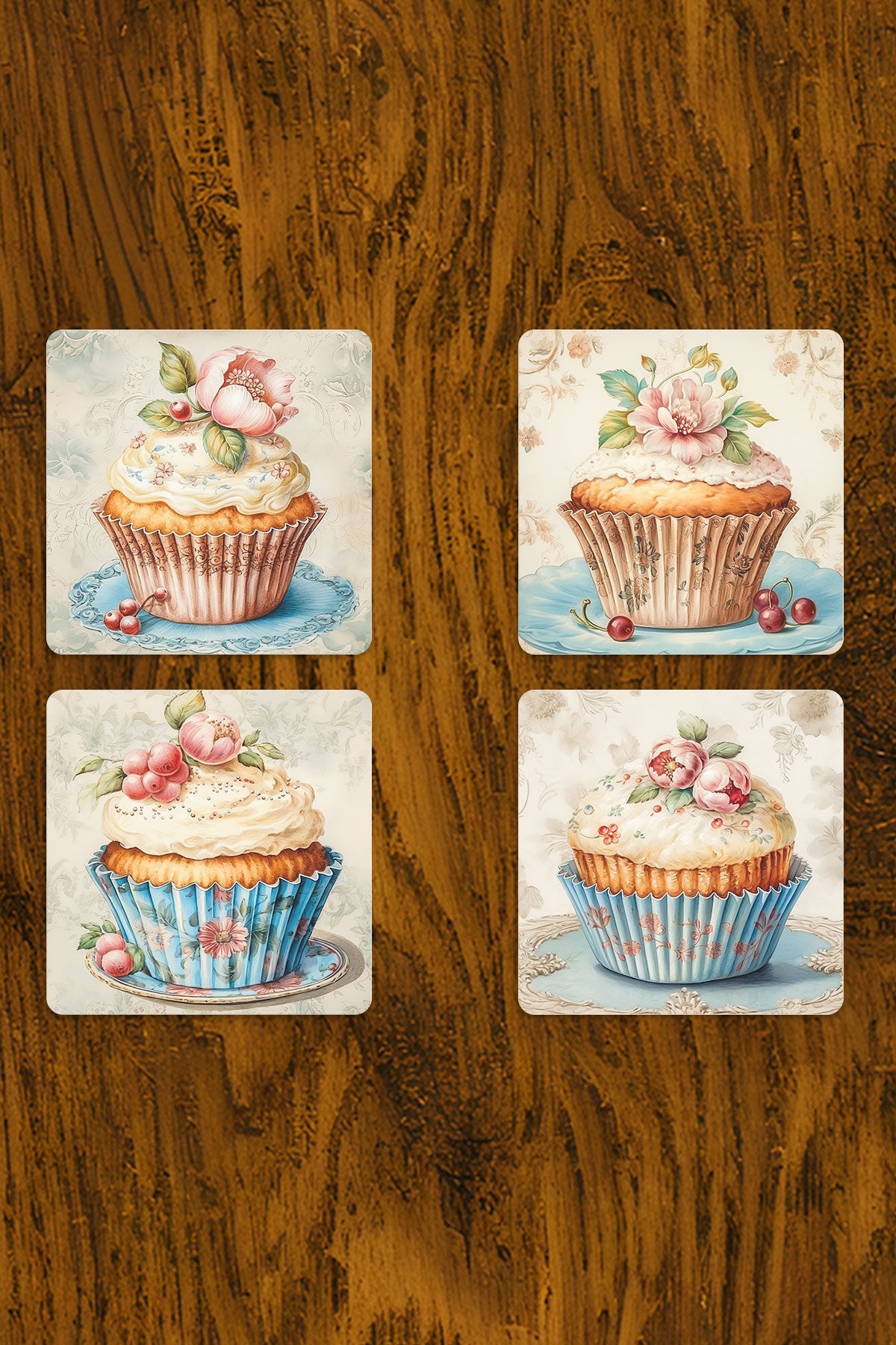 Vintage Muffin Baskılı 4'lü Set Dekoratif Ahşap Kare Bardak Altlığı