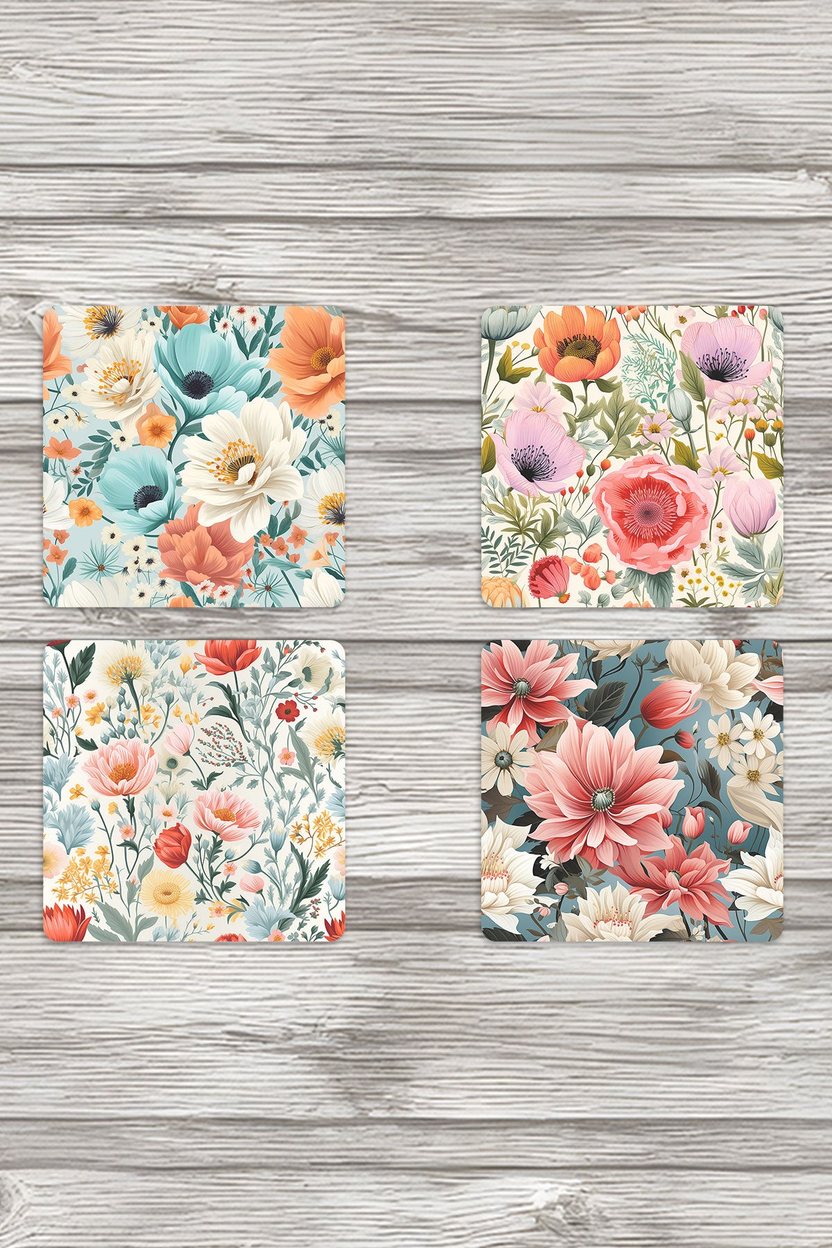 İlkbahar Çiçekleri No:2 Baskılı 4'lü Set Dekoratif Ahşap Kare Bardak Altlığı