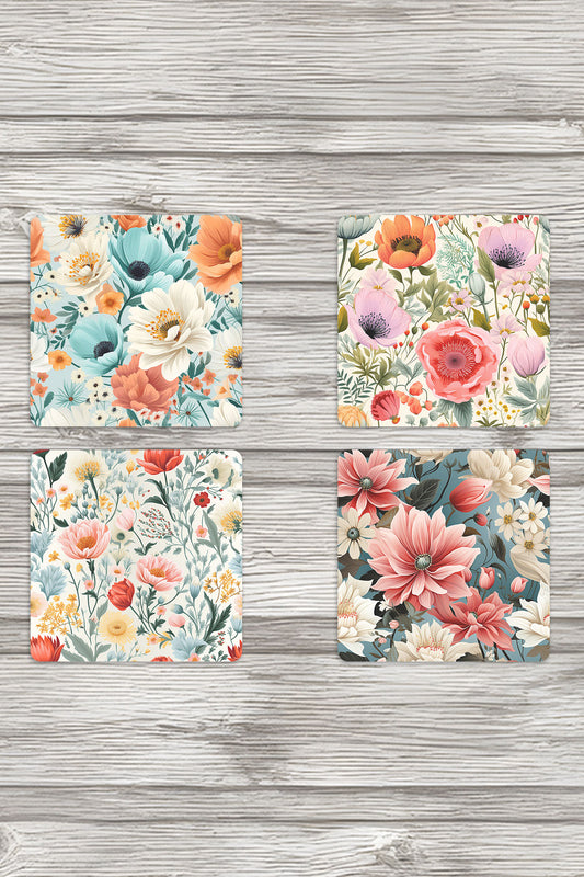 İlkbahar Çiçekleri No:2 Baskılı 4'lü Set Dekoratif Ahşap Kare Bardak Altlığı