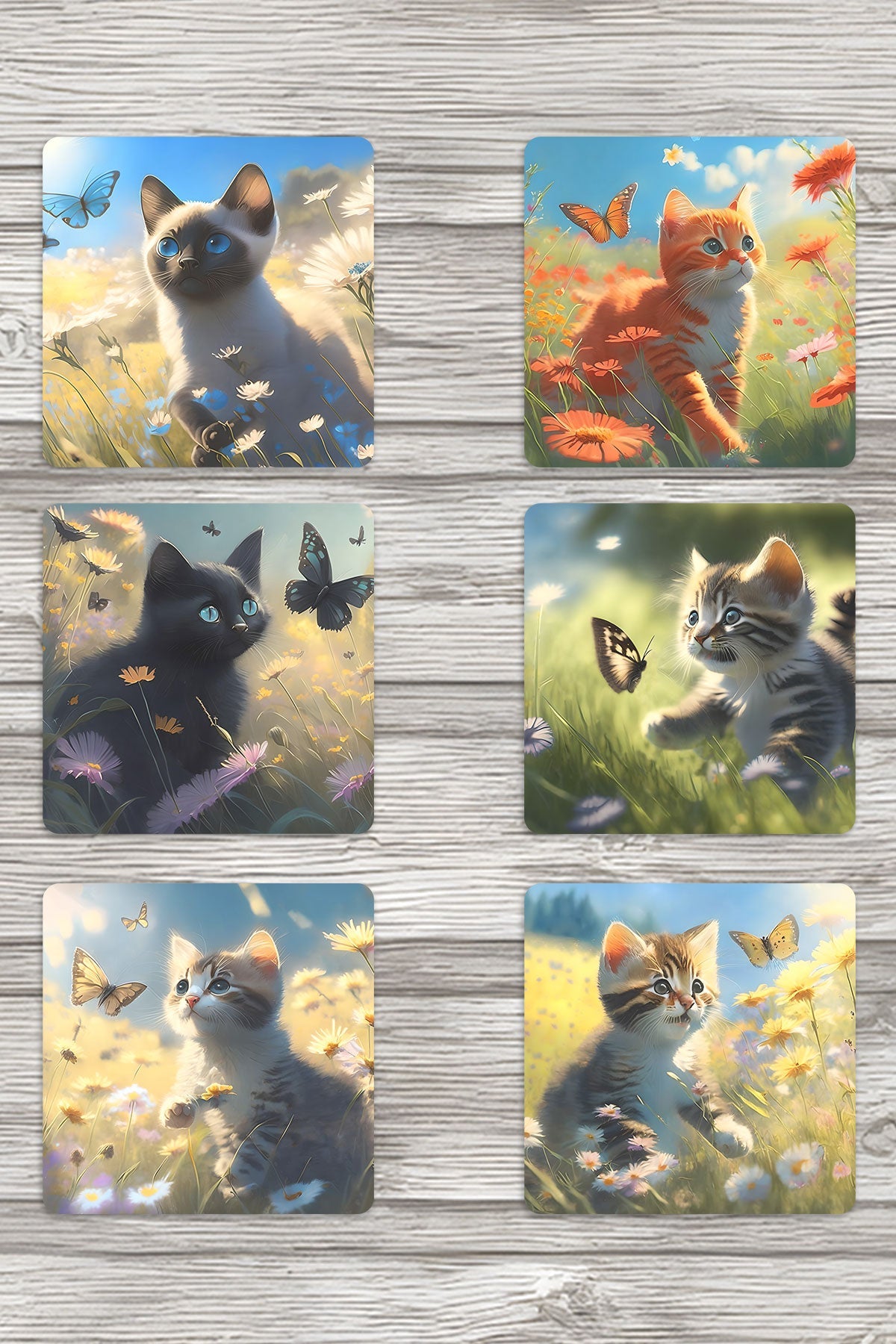 Yaz Temalı Sevimli Kediler Baskılı 6'lı Set Dekoratif Ahşap Kare Bardak Altlığı